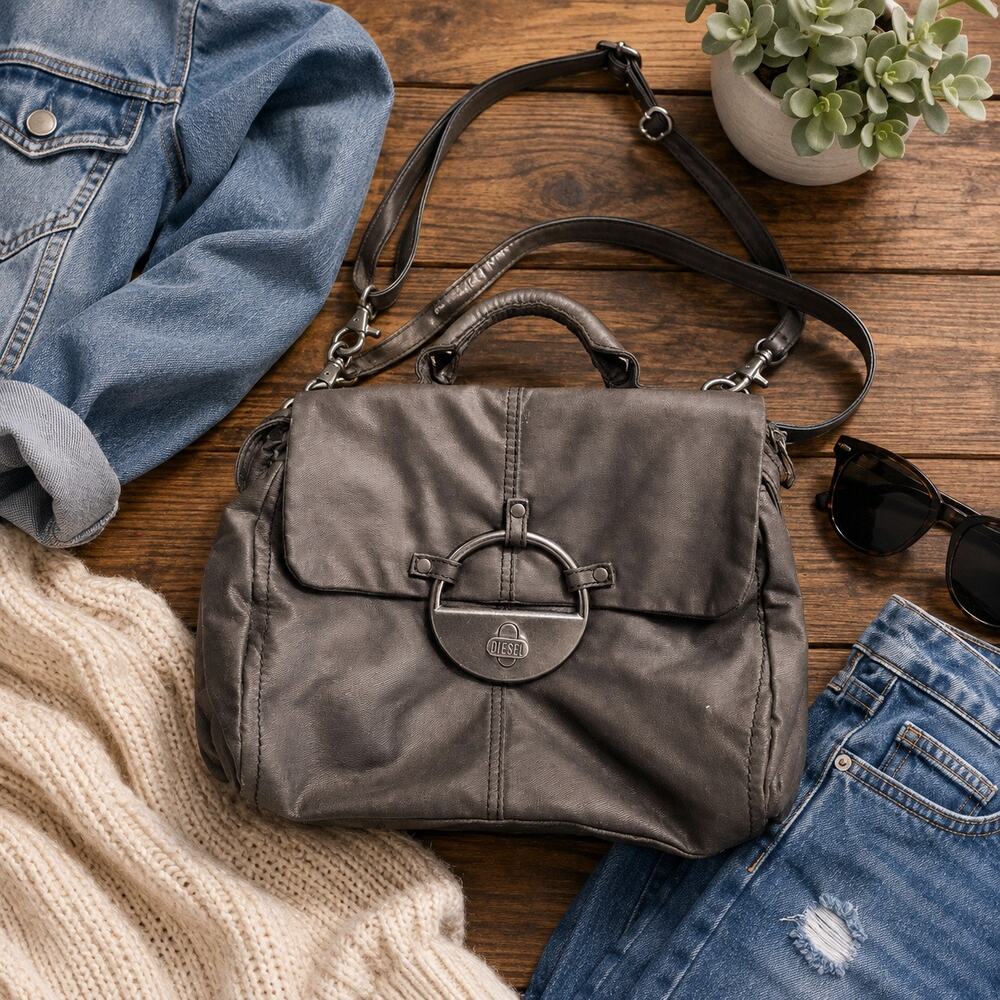 Diesel Gray Nylon Crossbody Satchel Handbag Ring Hardware Y2K Messenger Bag